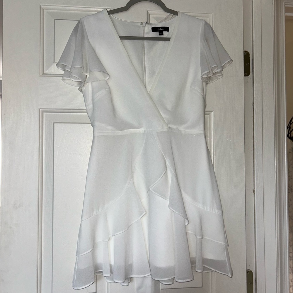 Lulu's White Flutter Sleeve V-Neck Mini Dress
